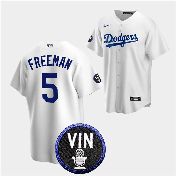 Men's White Los Angeles Dodgers #5 Freddie Freeman 2022 Vin Scully Patch Cool Base Stitched Baseball Jersey